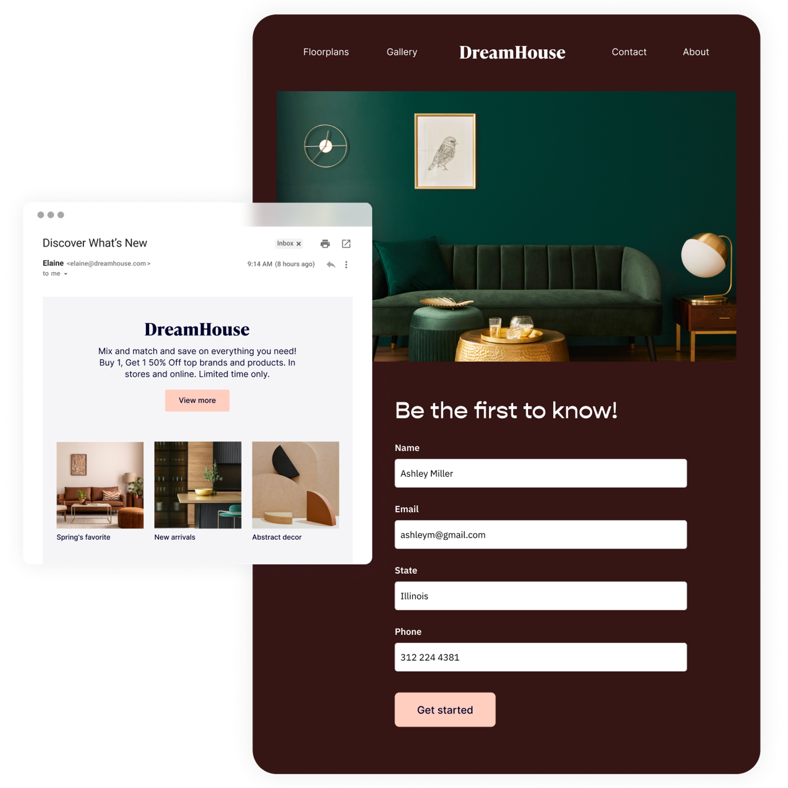 A website landing page with an integrated form alongside a branded email with matching branding.
