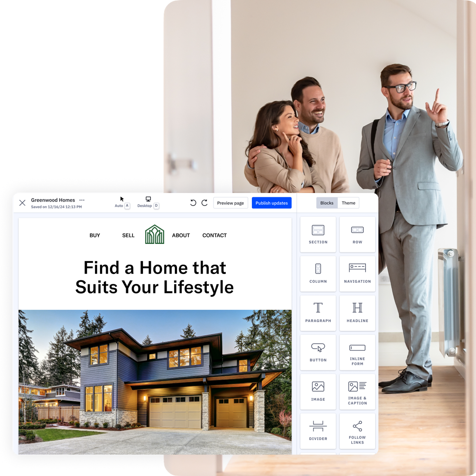 A realtor showing prospects around a home, overlaid with a custom landing page to capture leads.