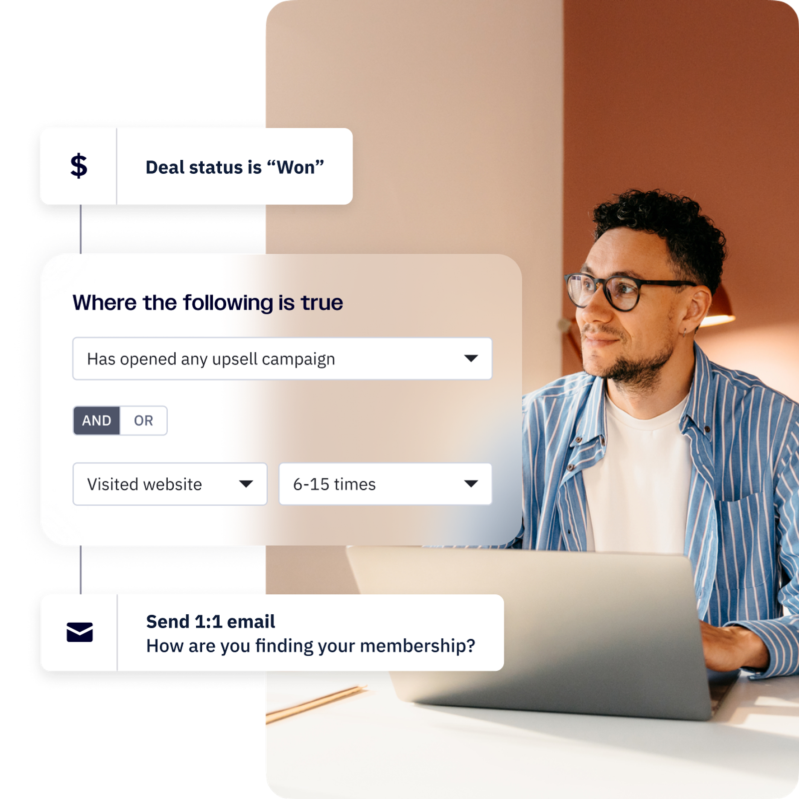 A male-presenting person using a laptop, overlaid with a marketing automation that sends an 1:1 email when a contact interacts with an upsell campaign.